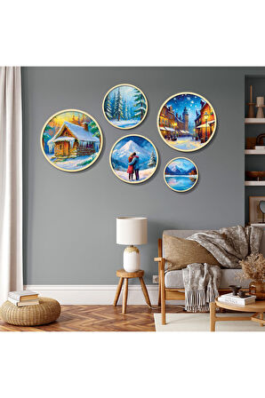 Yuvarlah Ahşap Yağlı Boya Tarzında Kış Teması Tablo Seti