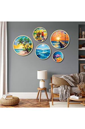 Yuvarlak Ahşap Yağlı Boya Tarzında Yaz Teması Tablo Seti