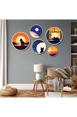 Yuvarlak Ahşap Gün Batımı ve Ay Temasında Kediler Tablo Seti