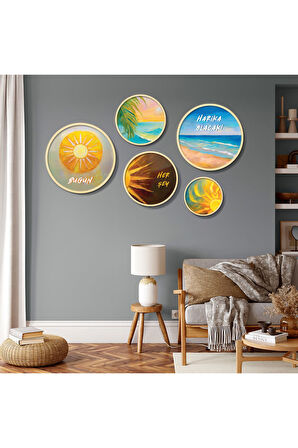 Yuvarlak Ahşap Pozitif Yazılı Güneş ve Deniz Tablo Seti