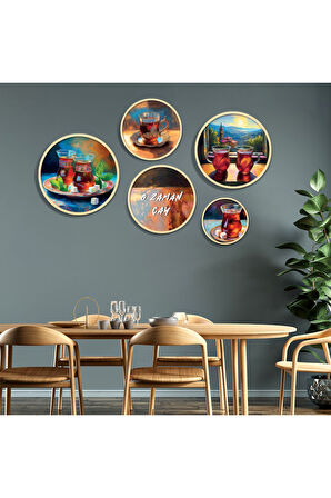 Yuvarlah Ahşap Sıcak Tonlarda "O Zaman Çay" Yazılı Çay Teması Tablo Seti