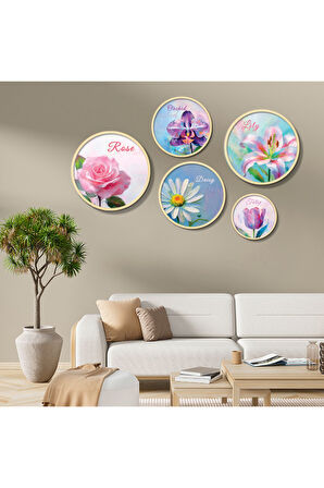 Yuvarlah Ahşap Pembe ve Mor Tonlarda Çiçekler Tablo Seti