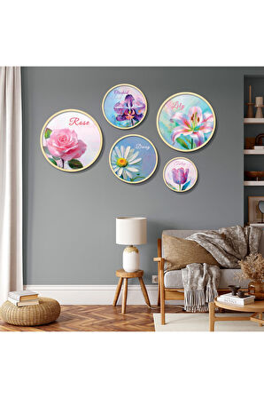 Yuvarlah Ahşap Pembe ve Mor Tonlarda Çiçekler Tablo Seti