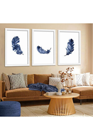 Beyaz Ahşap Çerçeveli Mavi Kuş Tüyü Tablo