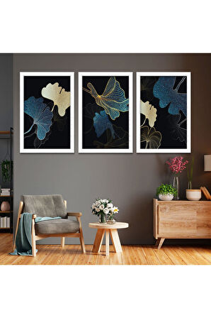 Siyah Ahşap Çerçeveli Kolaj Çizim Çiçek Tablo