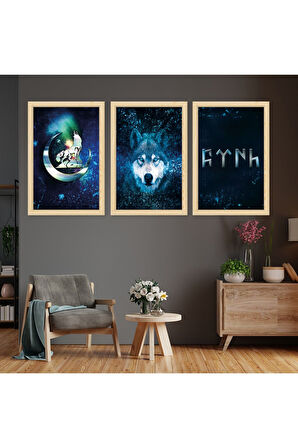 Beyaz Ahşap Çerçeveli Bozkurt Göktürk Tablosu