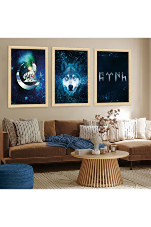 Beyaz Ahşap Çerçeveli Bozkurt Göktürk Tablosu