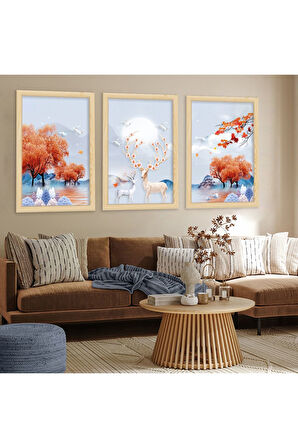 Siyah Ahşap Çerçeveli Kolaj Çizim Geyik Tablo