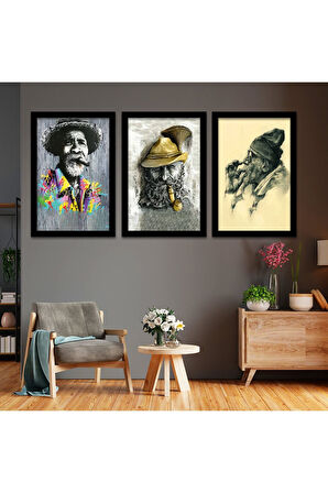 Beyaz Ahşap Çerçeveli Tarz Yaşlı Adam Tablo