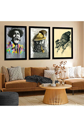 Beyaz Ahşap Çerçeveli Tarz Yaşlı Adam Tablo