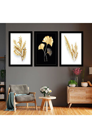 Beyaz Ahşap Çerçeveli Altın Çiçek Tablo