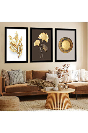 Siyah Ahşap Çerçeveli Altın Çiçek Tablo