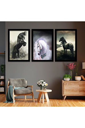 Beyaz Ahşap Çerçeveli Hayvanlar Alemi At Tablo