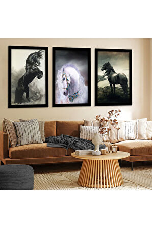 Beyaz Ahşap Çerçeveli Hayvanlar Alemi At Tablo