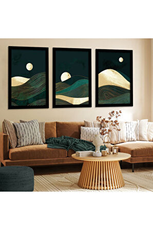 Siyah Ahşap Çerçeveli Kolaj Çizim Dağ Manzara Tablo