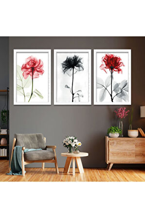 Siyah Ahşap Çerçeveli Kolaj Çizim Gül Tablo