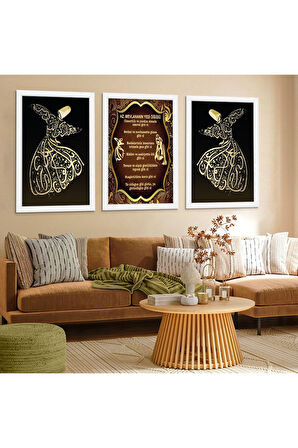 Beyaz Ahşap Çerçeveli Semazen Motifi Ve Mevlana Sözü Tablo