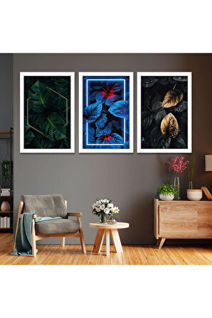 Siyah Ahşap Çerçeveli Mavi Yeşil Yaprak Tablo