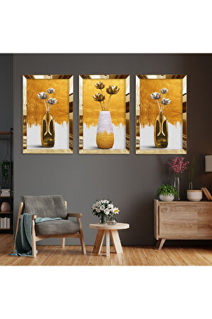 Vazolu Çiçek Soyut Desen Gold Pleksi Kenar Üçlü Mdf Tablo Seti