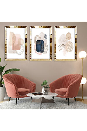 Soyut Desen Taş Gold Pleksi Kenar Üçlü Mdf Tablo Seti