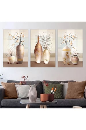Minimalist Çiçek Soyut Desen 3'lü Kanvas Tablo