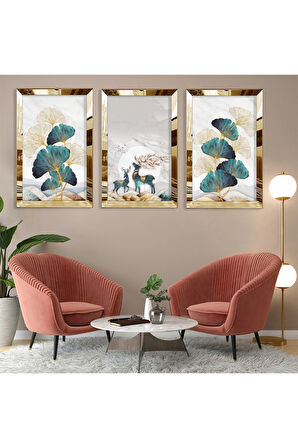 Soyut Desen Gold Pleksi Kenar Üçlü Mdf Tablo Seti