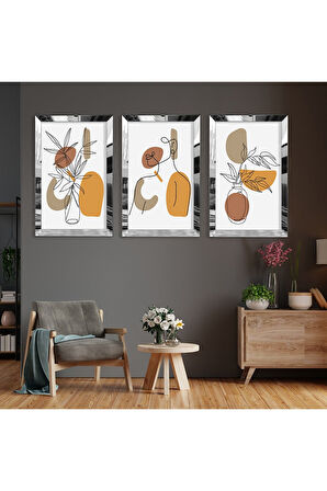 Minimalist Soyut Desen Gold Pleksi Kenar Üçlü Mdf Tablo Seti