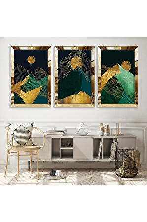 Soyut Desen Dağ Gümüş Pleksi Kenar Üçlü Mdf Tablo Seti