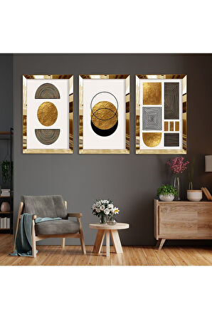 Soyut Desen Şekiller Gold Pleksi Kenar Üçlü Mdf Tablo Seti