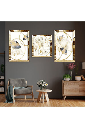 Minimalist Çiçek Soyut Desen Gümüş Pleksi Kenar Üçlü Mdf Tablo Seti Ve Saat Seti