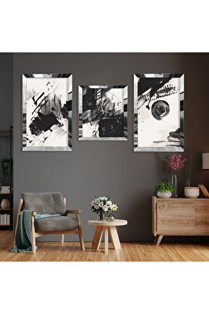 Soyut Desen Boya Gümüş Pleksi Kenar Üçlü Mdf Tablo Seti Ve Saat Seti