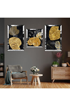 Altın Bitki Soyut Desen Gümüş Pleksi Kenar Üçlü Mdf Tablo Seti