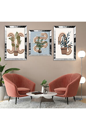 Minimalist Çiçek Soyut Desen Gold Pleksi Kenar Üçlü Mdf Tablo Seti