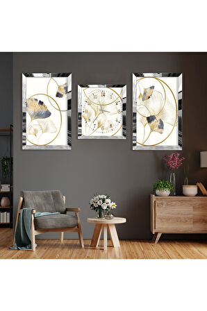 Minimalist Çiçek Soyut Desen Gümüş Pleksi Kenar Üçlü Mdf Tablo Seti Ve Saat Seti