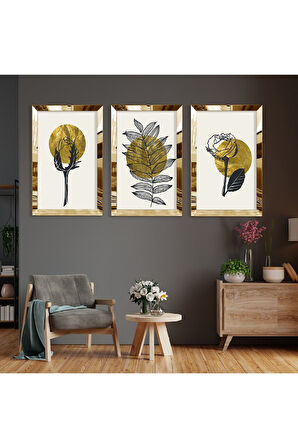 Minimalist Çiçek Soyut Desen Gold Pleksi Kenar Üçlü Mdf Tablo Seti