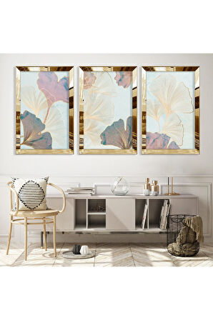 Gümüş Aynalı Pleksi Çerçeveli Üçlü Soyut Desen Üçlü Mdf Tablo Seti