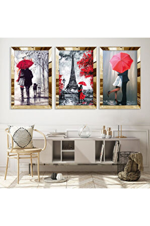 Gümüş Aynalı Pleksi Çerçeveli Paris Aşkları Üçlü Mdf Tablo Seti