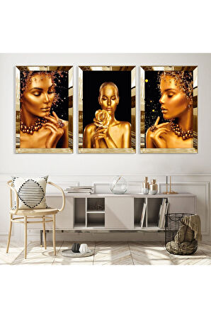 Gold Aynalı Pleksi Çerçeveli Altın Kız Üçlü Mdf Tablo Seti