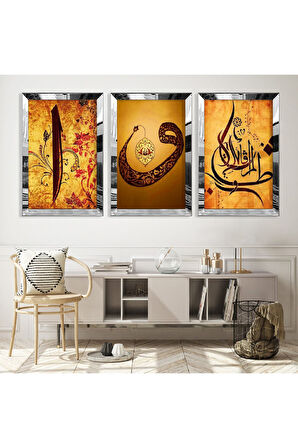 Gold Aynalı Pleksi Çerçeveli Elif Vav Dini Üçlü Mdf Tablo Seti