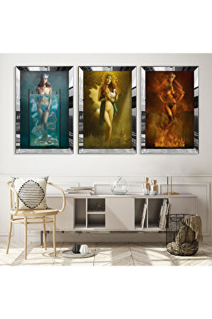 Gold Aynalı Pleksi Çerçeveli Kadın Üçlü Mdf Tablo Seti