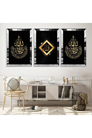 Gold Aynalı Pleksi Çerçeveli Allah Lafzı Üçlü Mdf Tablo Seti