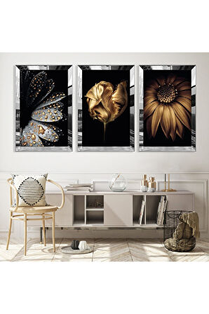 Gold Aynalı Pleksi Çerçeveli Çiçek Üçlü Mdf Tablo Seti