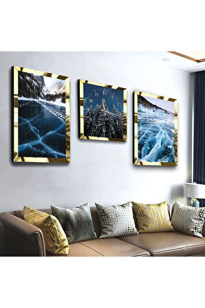 Gold Aynalı Pleksi Çerçeveli Mavi Dalga Üçlü Mdf Tablo Seti