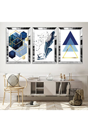 Gold Aynalı Pleksi Çerçeveli Mavi Renk Üçlü Mdf Tablo Seti
