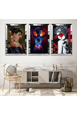 Gold Aynalı Pleksi Çerçeveli Kadın Üçlü Mdf Tablo Seti