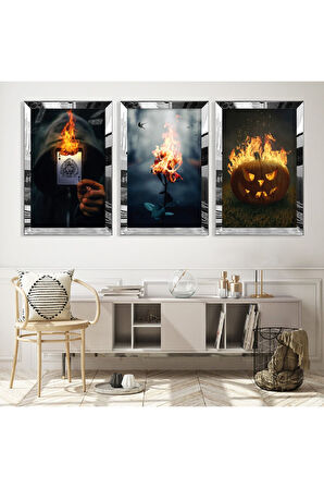 Gold Aynalı Pleksi Çerçeveli Alev Üçlü Mdf Tablo Seti