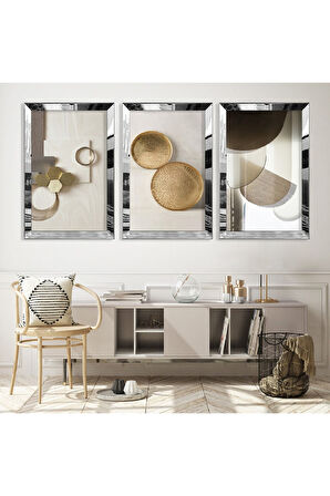 Gold Aynalı Pleksi Çerçeveli Aynalı Üçlü Mdf Tablo Seti
