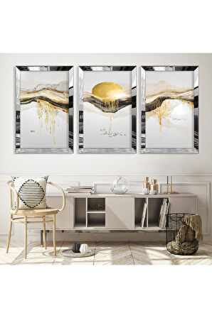 Gold Aynalı Pleksi Çerçeveli Kolaj Çizim Üçlü Mdf Tablo Seti