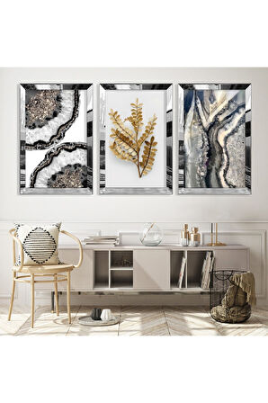 Gümüş Aynalı Pleksi Çerçeveli Kolaj Çizim Üçlü Mdf Tablo Seti