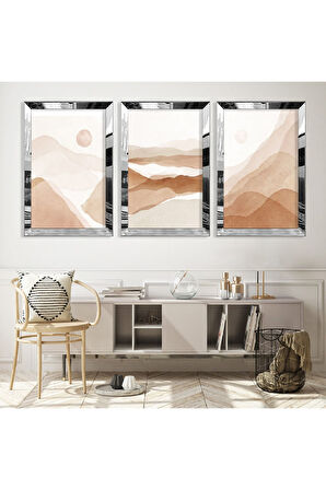 Gold Aynalı Pleksi Çerçeveli Kolaj Çizim Dağ Üçlü Mdf Tablo Seti